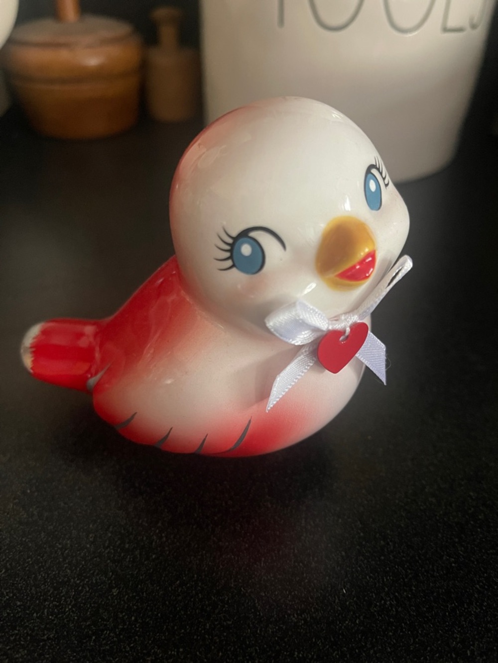 Vintage Style Cute White and Red Ceramic Bird Figurine with Heart Bow